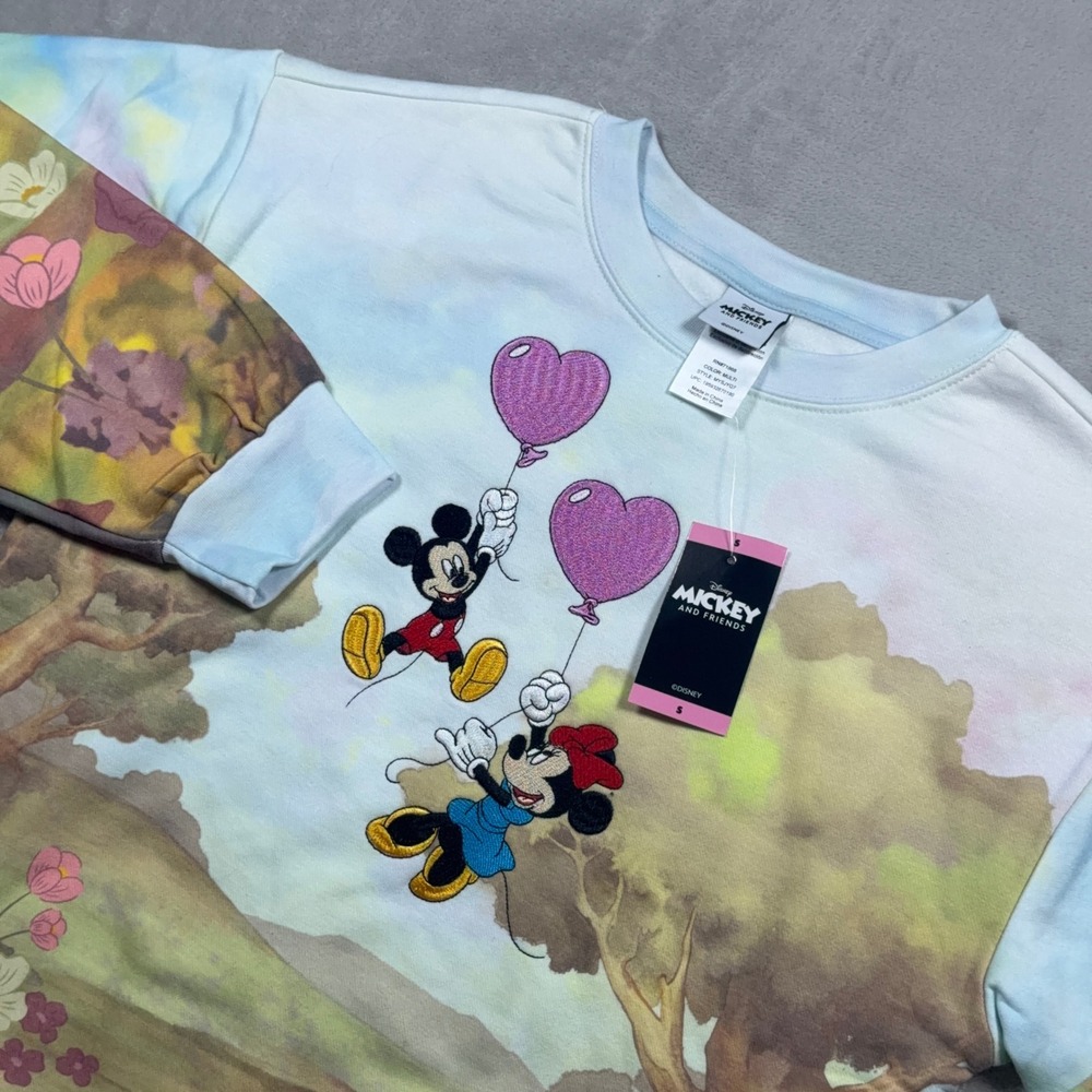Disney Mickey Minnie Sweatshirt S NWT Embroidered Balloons Watercolor Floral